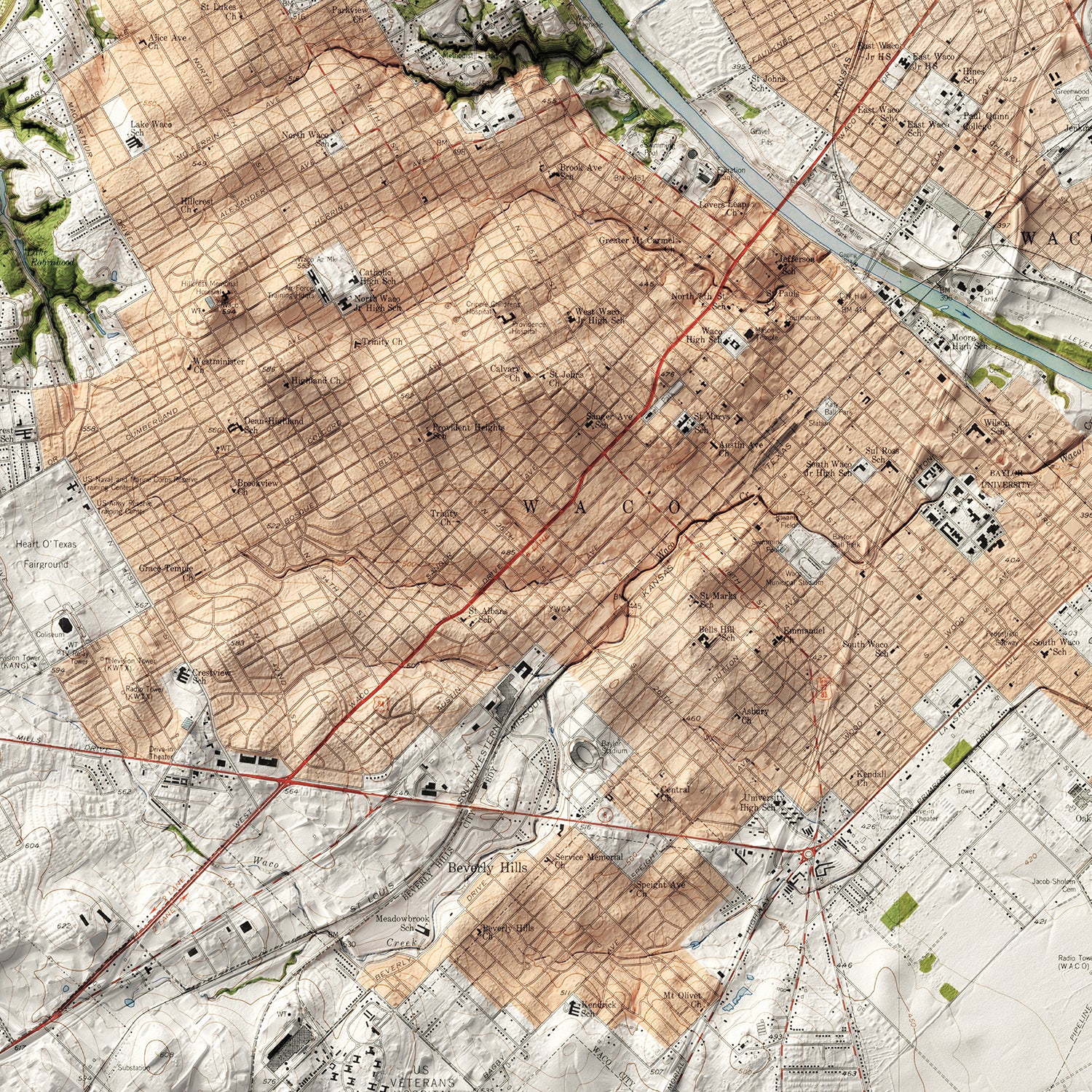 Waco, TX - Vintage Shaded Relief Map (1957)