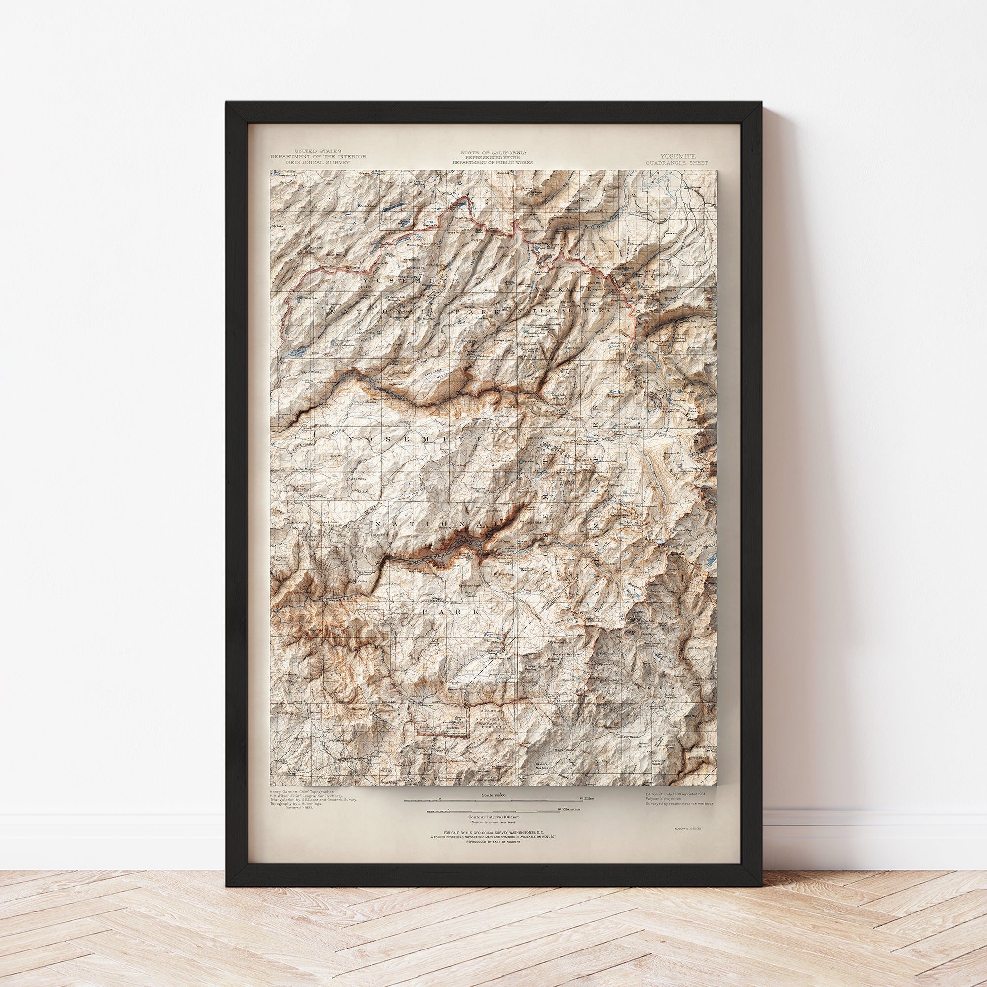Yosemite National Park, CA - Vintage Shaded Relief Map (1909)