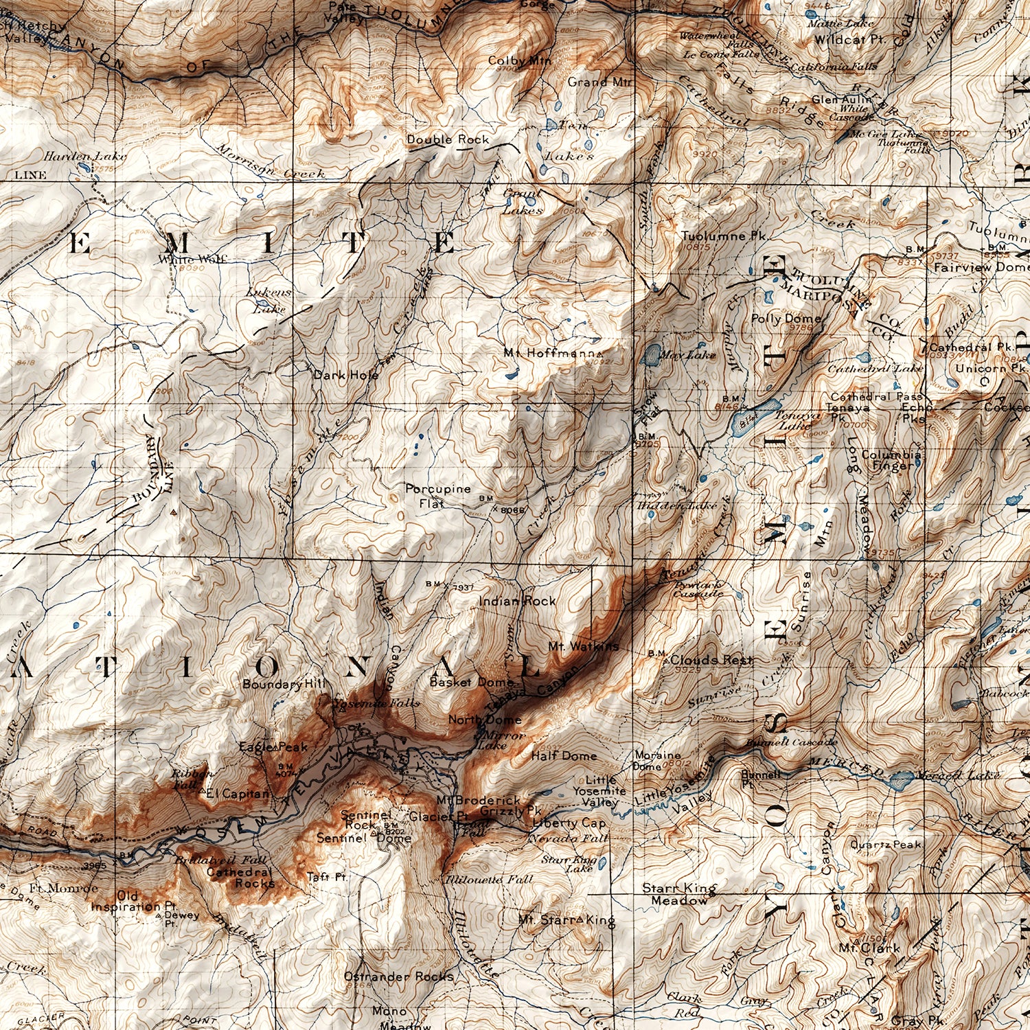 Yosemite National Park, CA - Vintage Shaded Relief Map (1909)