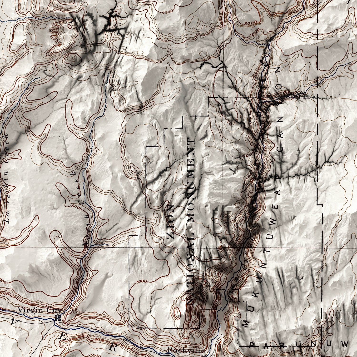 Zion National Park, UT - Vintage Shaded Relief Map (1891)